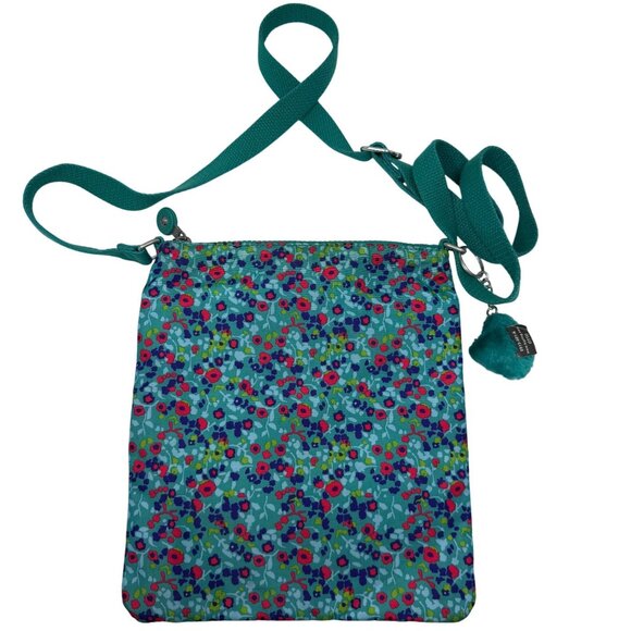 Kipling Alvar Crossbody Bag Aqua Blue Floral Furry Monkey Keychain Otto Purse - Picture 3 of 8